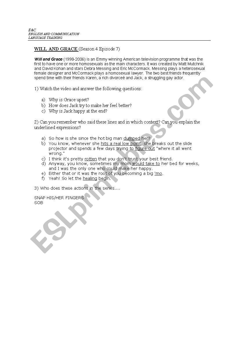 Will and Grace worksheet