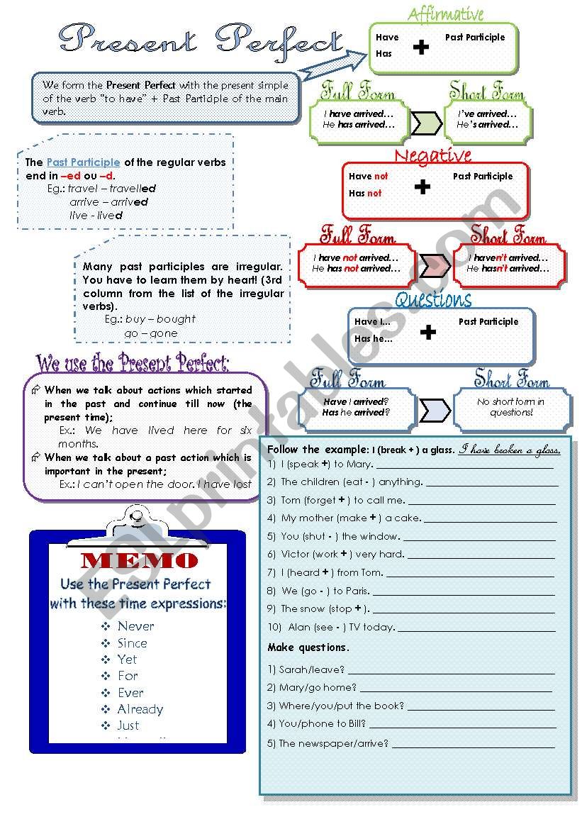 Present Perfect - formation and exercises (colour version)
