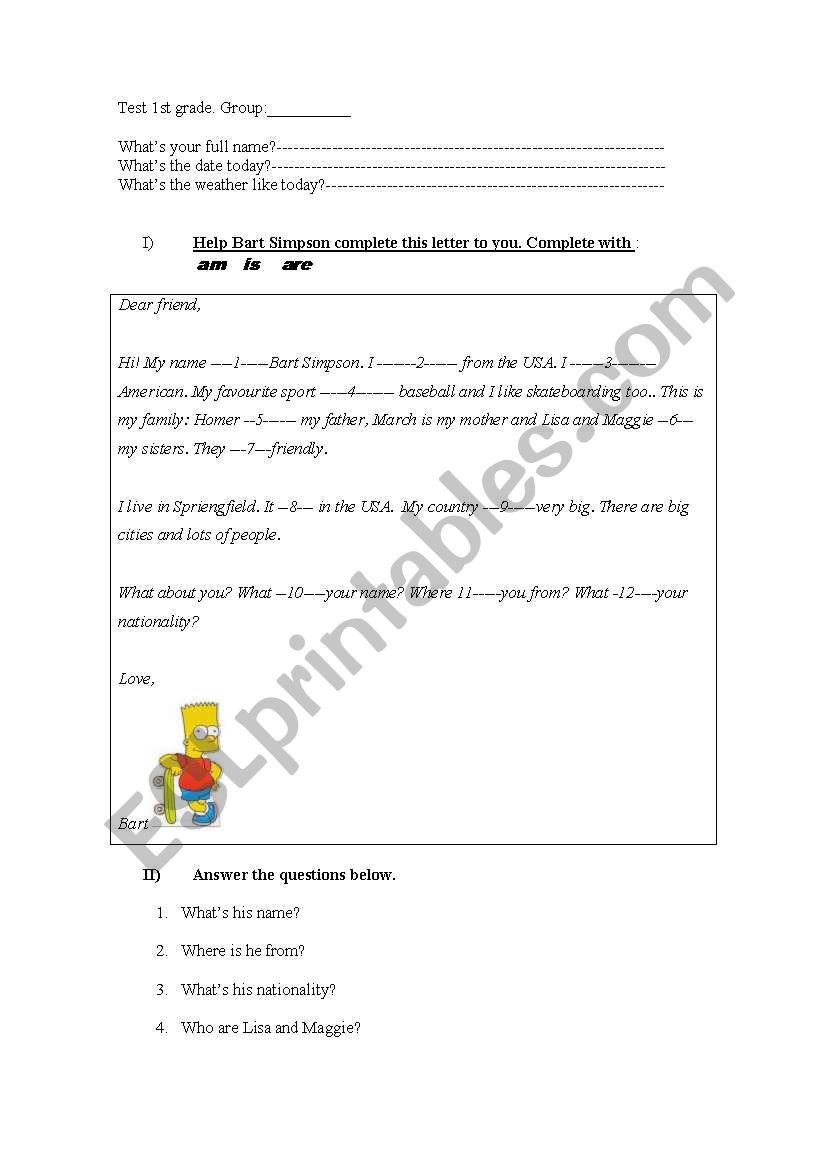 test elementary bart simpson worksheet