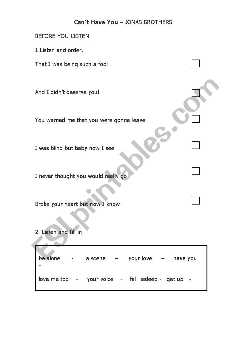 CANT HAVE YOU - JONAS BROTHERS SONG - WORKSHEET