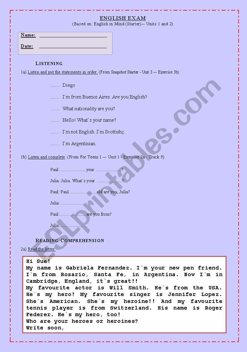 Exam 4 - FOR BEGINNERS: Present Simple and (giving) Personal Information.