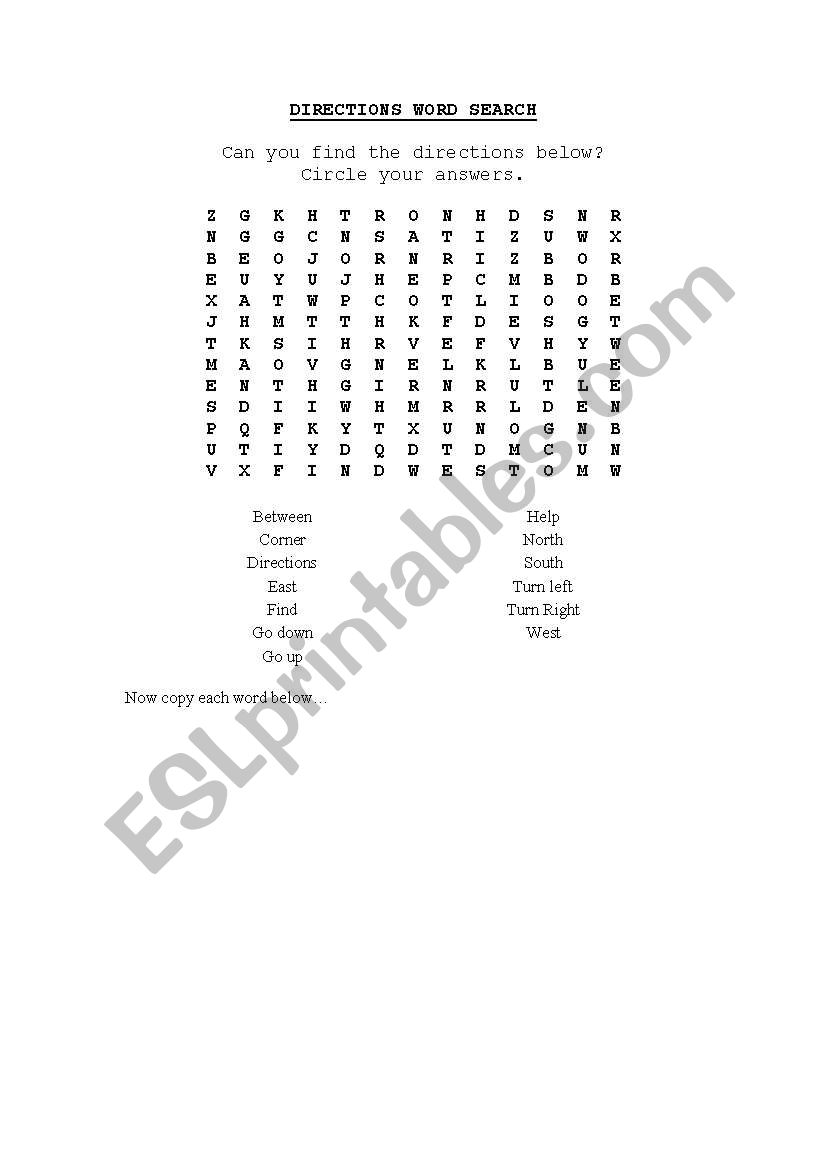 Directions word search worksheet