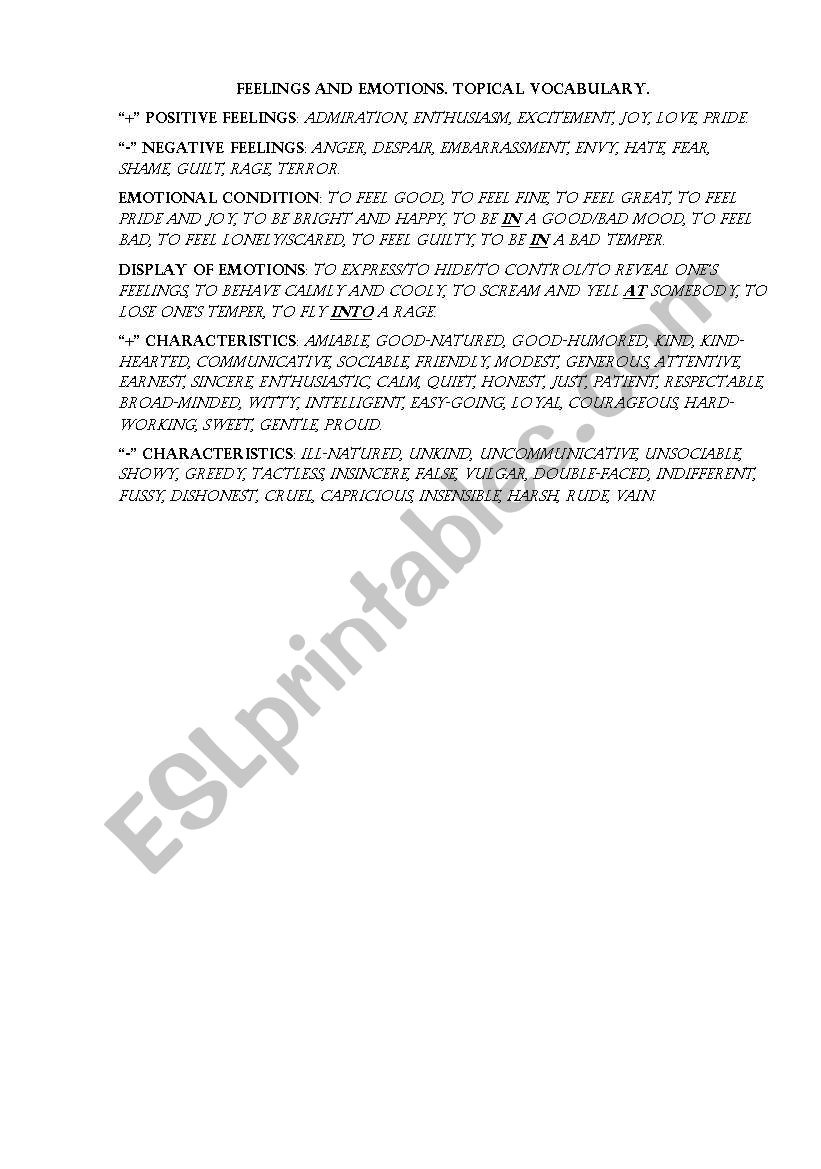 Feelings and emotions worksheet