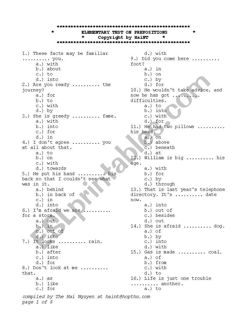 Test on Prepositions worksheet