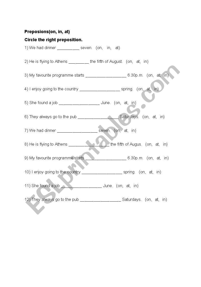 Preposition Excercise(on,at,in)