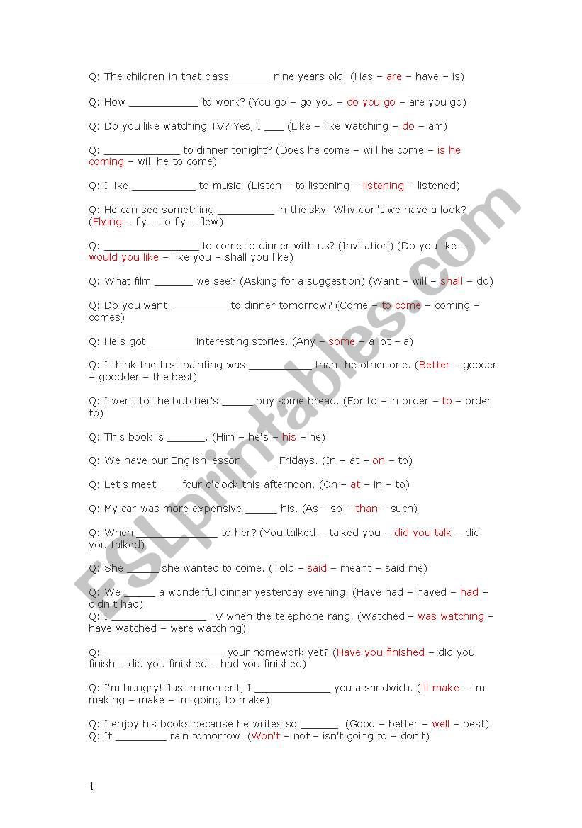 Grammar quiz worksheet