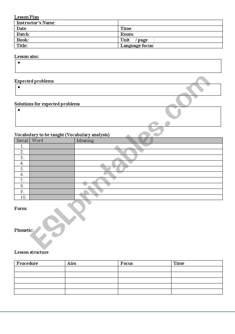 Lesson Plan Template worksheet