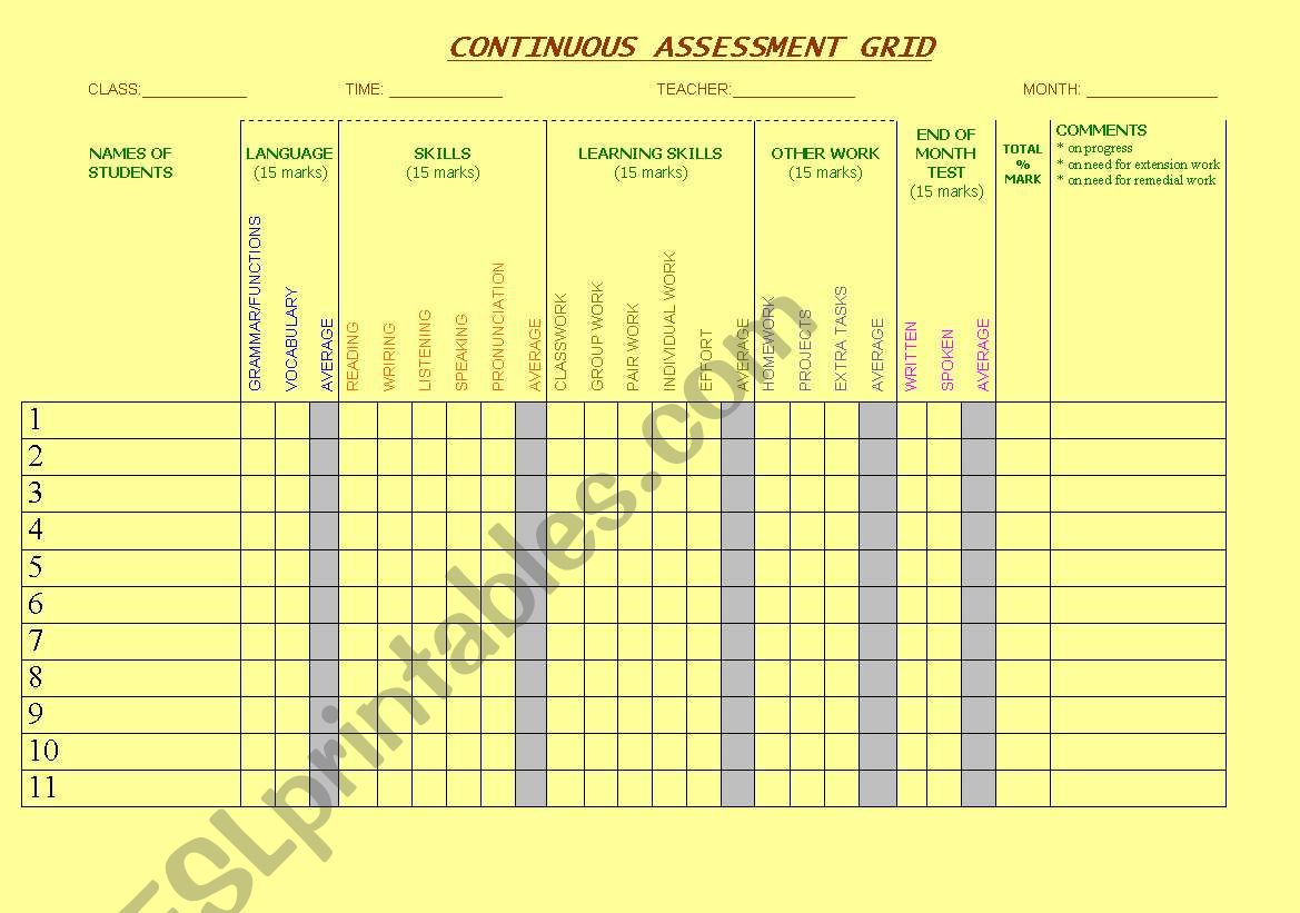 CONTINUOUS ASSESSMENT GRID worksheet