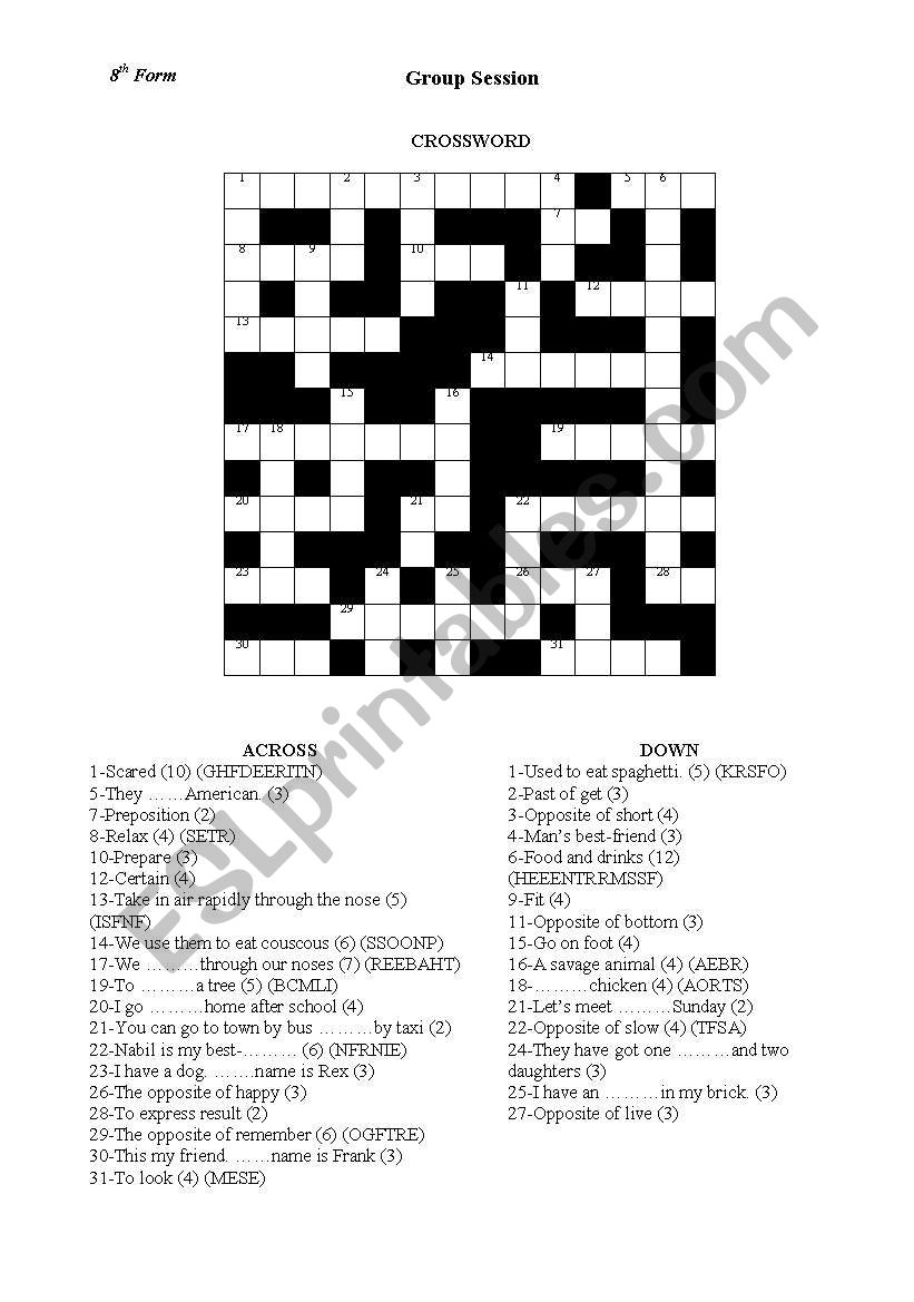 having dinner cross word worksheet