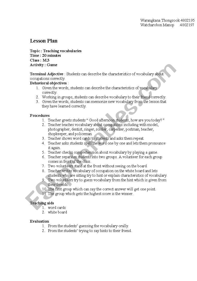 vocabulary lesson plan worksheet