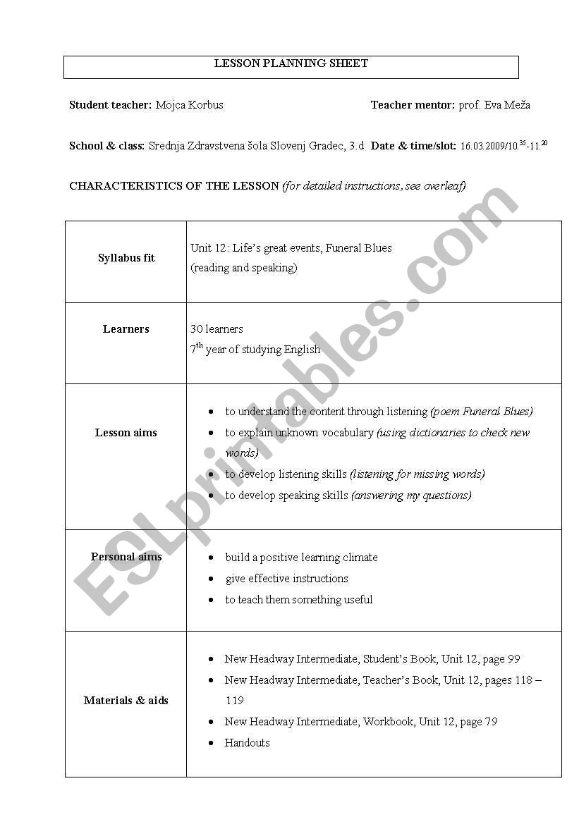 Funeral Blues worksheet