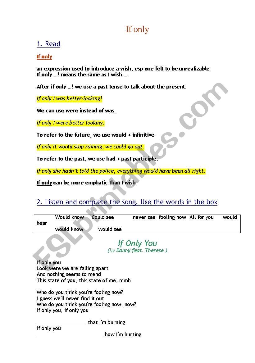 activity song If only you  worksheet