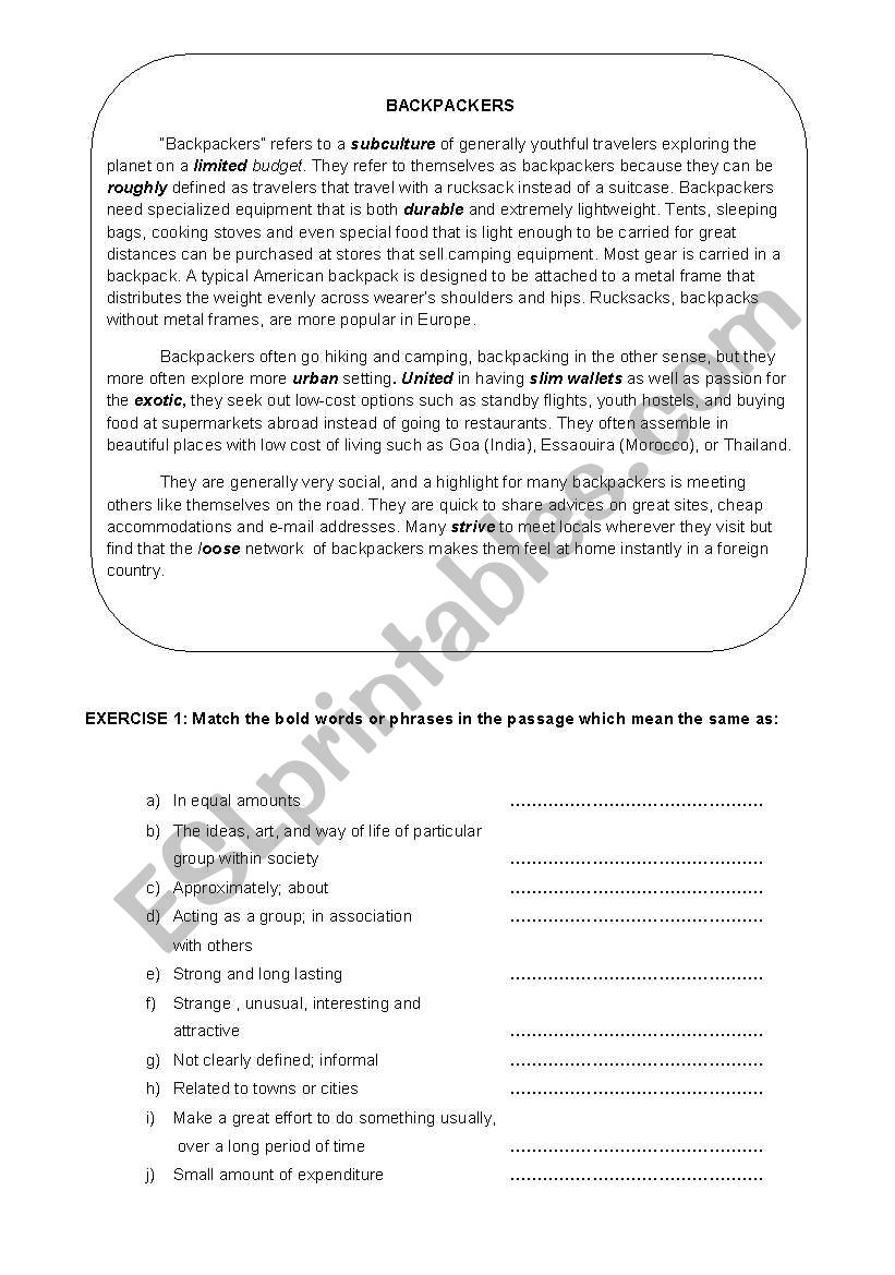 backpacker worksheet