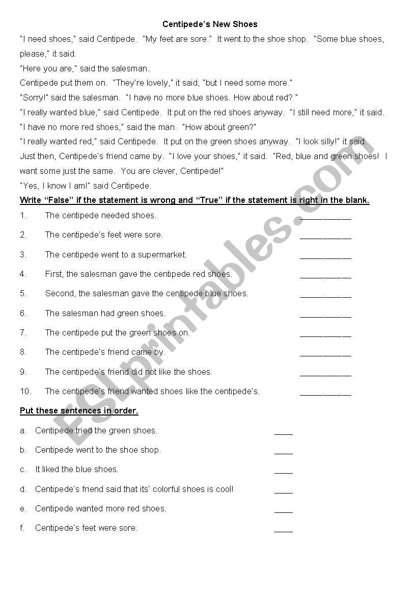 Centipedes Shoes worksheet