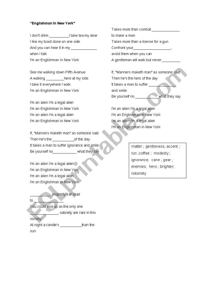 Song Englishman in Newyork worksheet