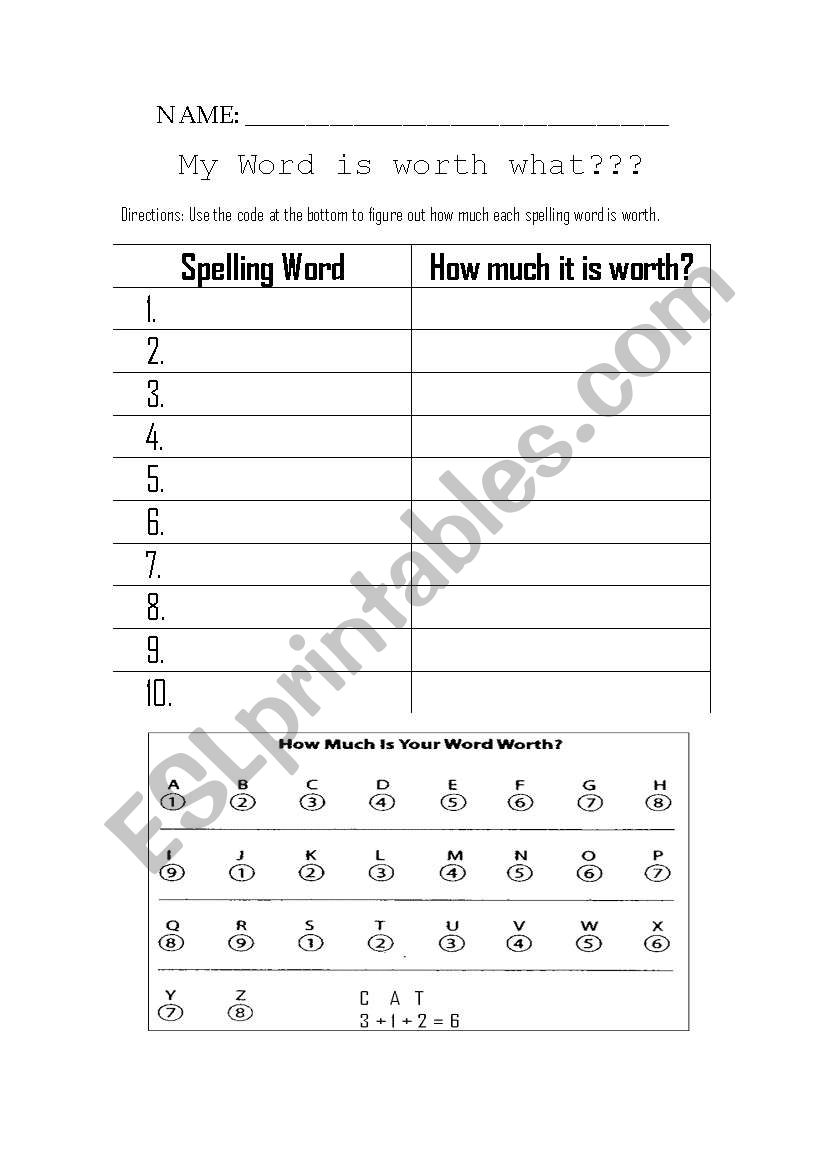 My Word is Worth What??? worksheet