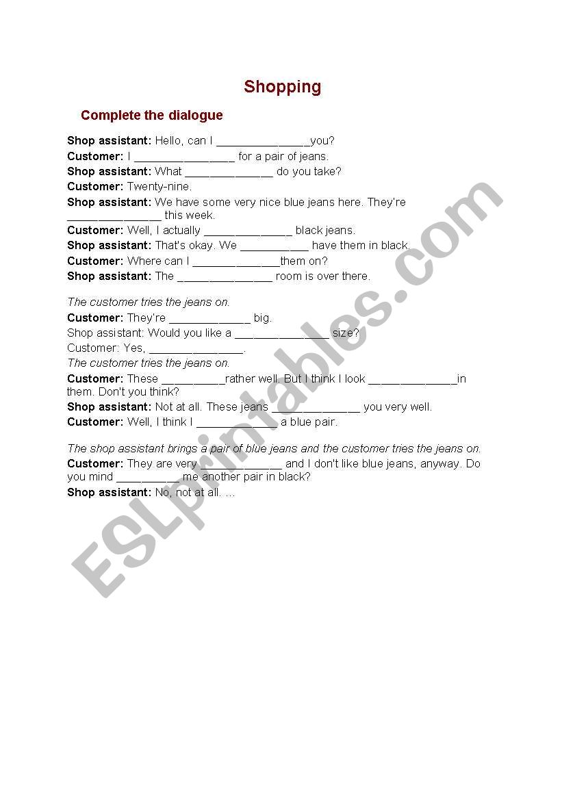 Shopping worksheet