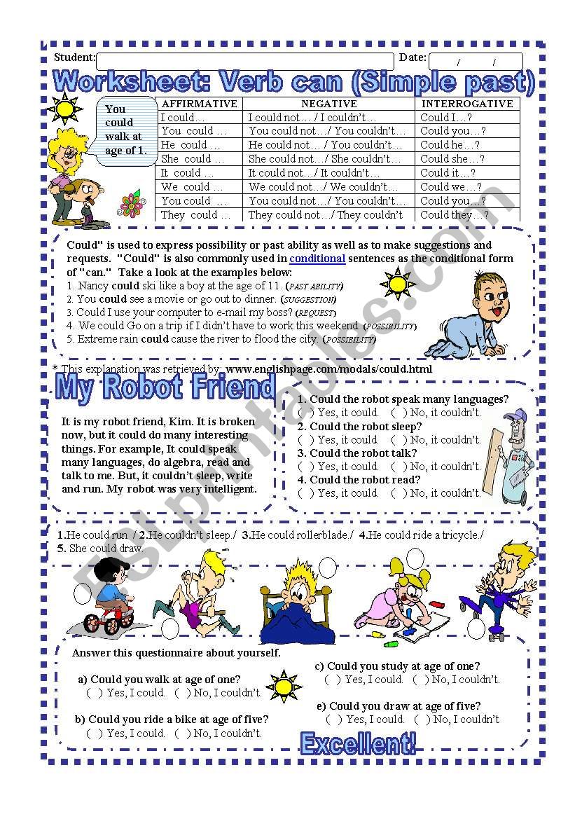 Worksheet: Verb Can- Simple Past (With Answer key)