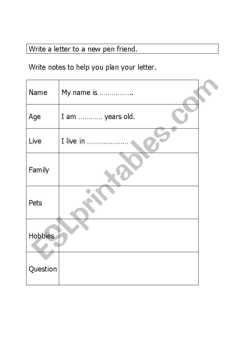 pen friend letter worksheet
