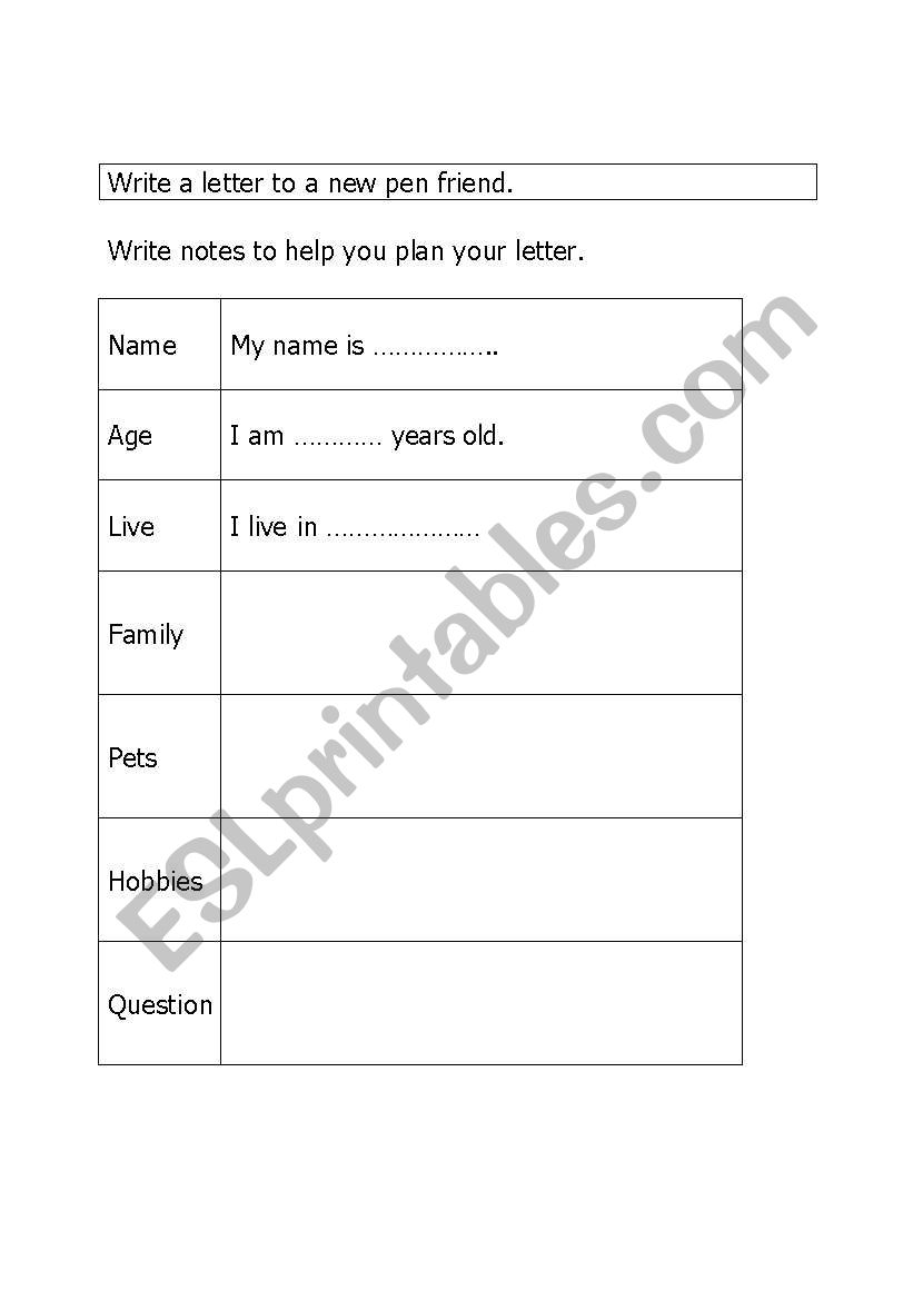 pen friend letter worksheet