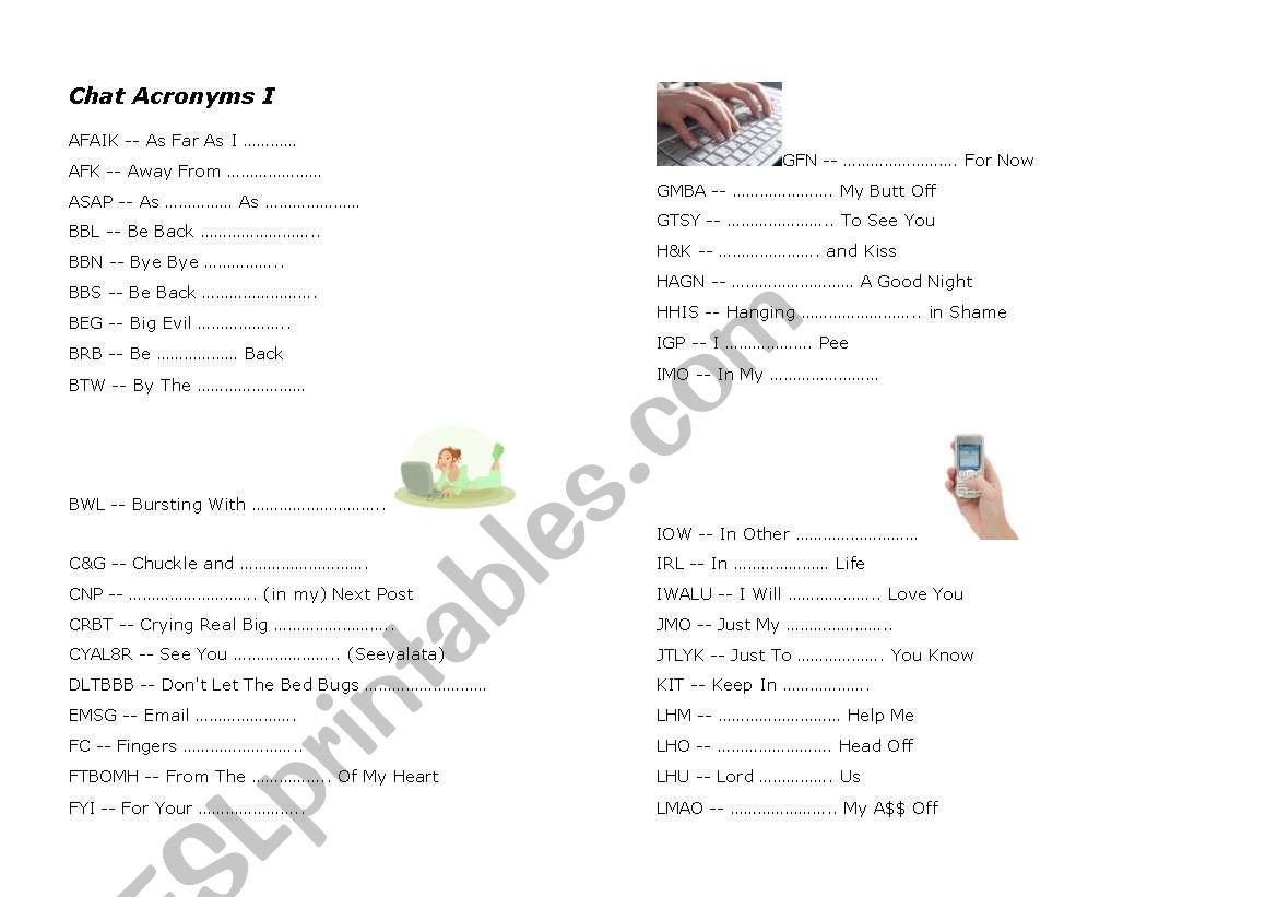 BRB , ASAP - Chat acronyms worksheet