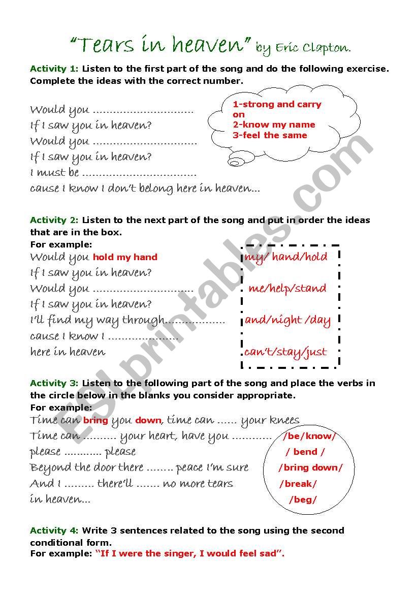 4 Tears in Heaven English ESL worksheets pdf & doc