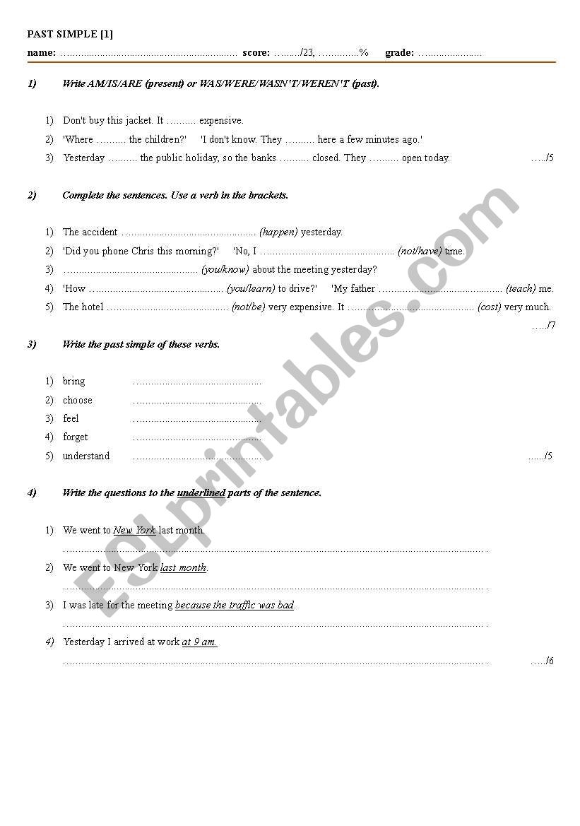 PAST SIMPLE test worksheet