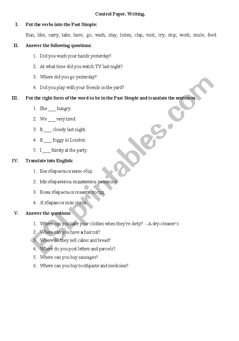 Sheet on past simple worksheet