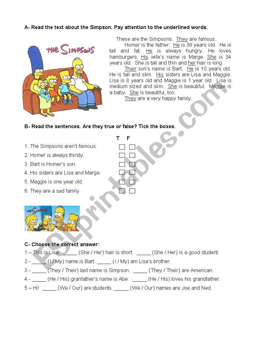 Smpsons worksheet for year 5 studens