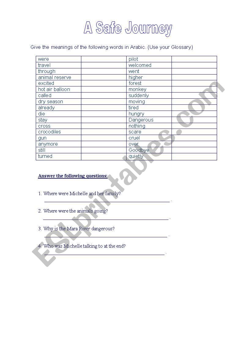 safe journey worksheet