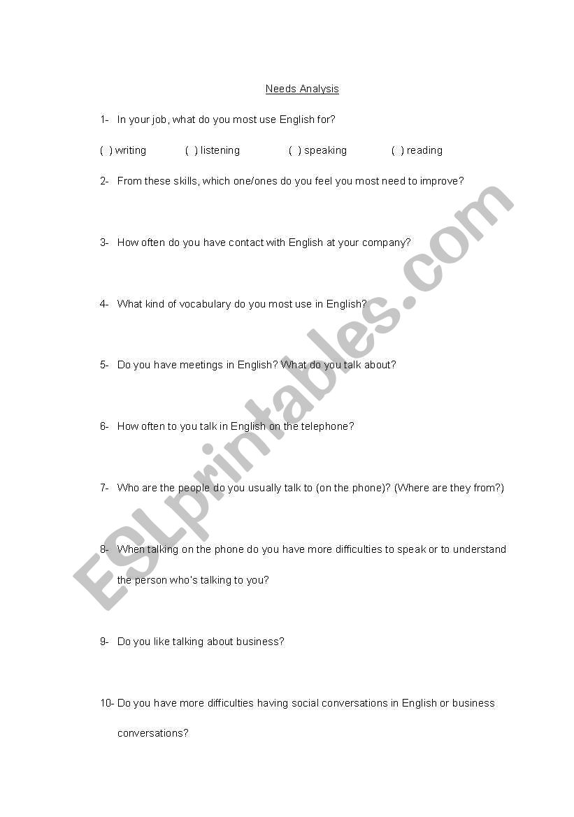 Needs Analyses worksheet