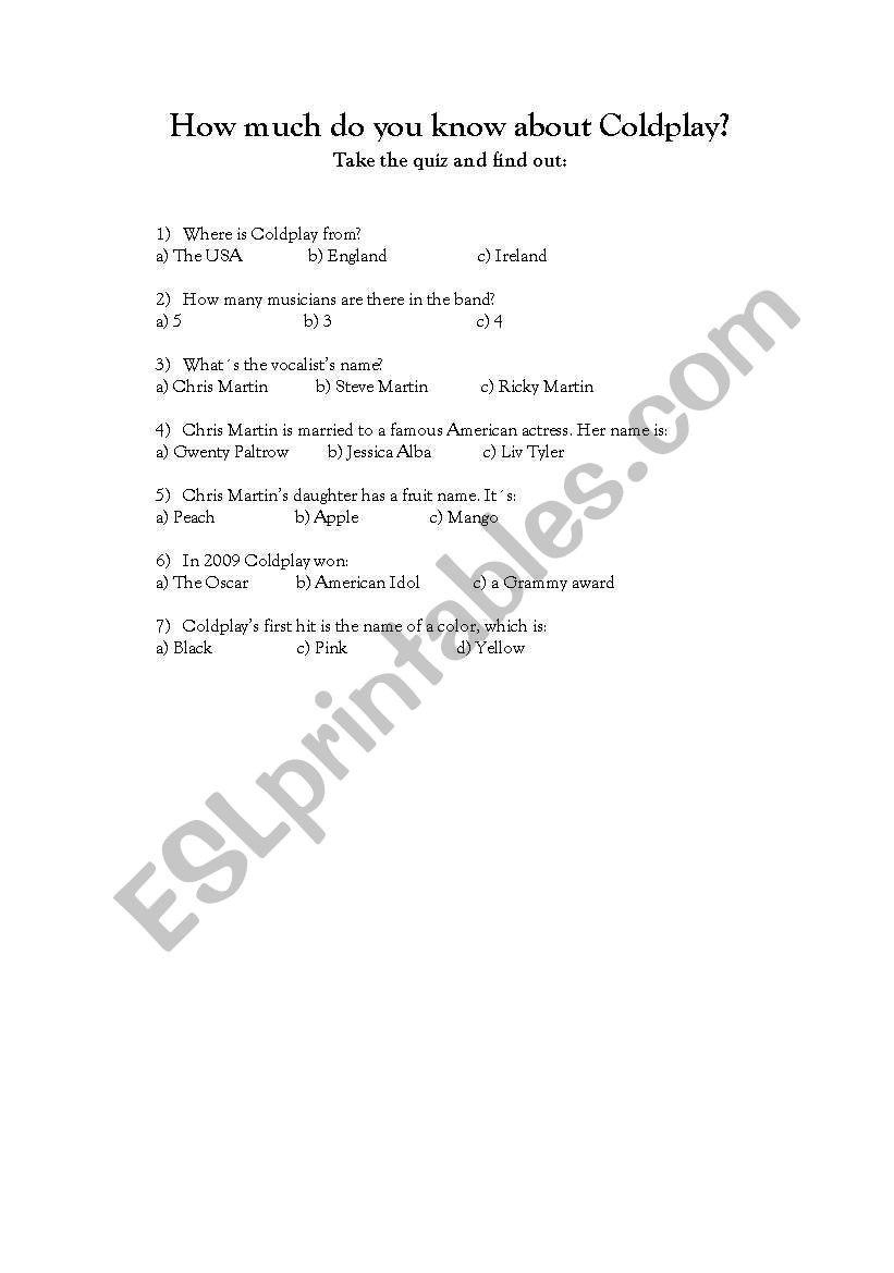 Coldplay Quiz worksheet