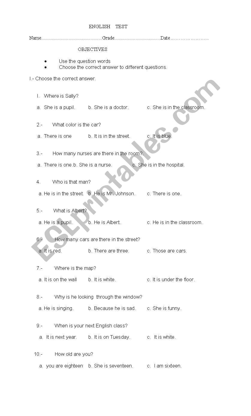 Question Words Test worksheet