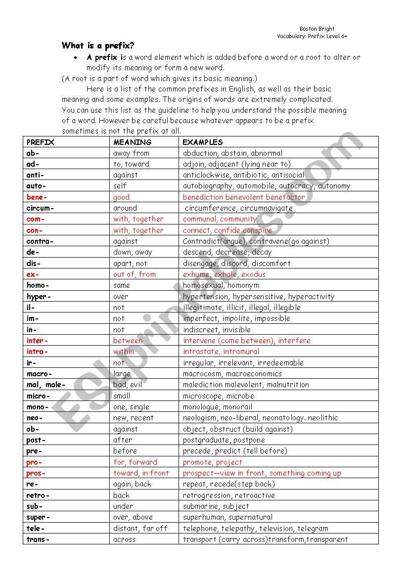 Prefix worksheet