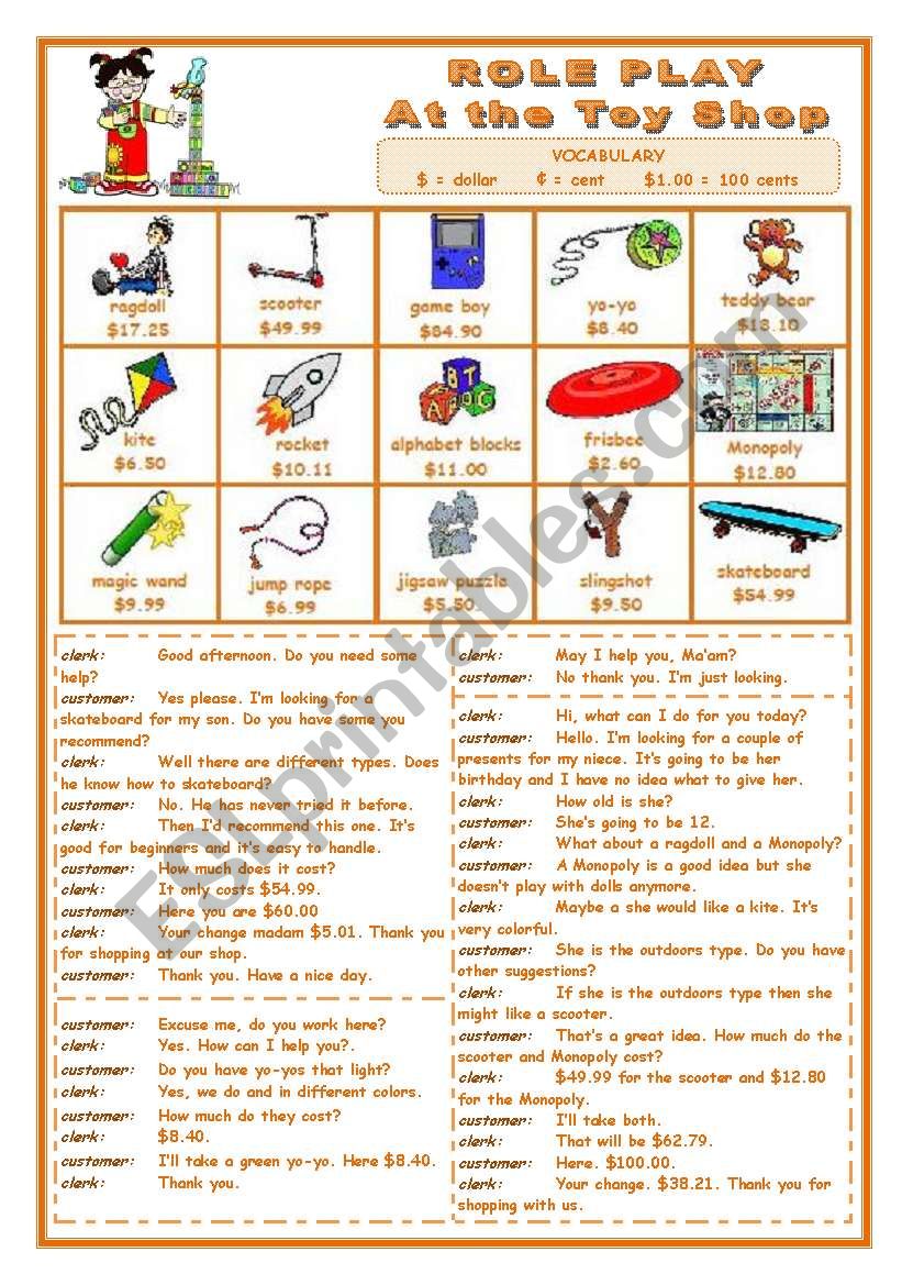 ROLE PLAY  -  AT THE TOY SHOP worksheet