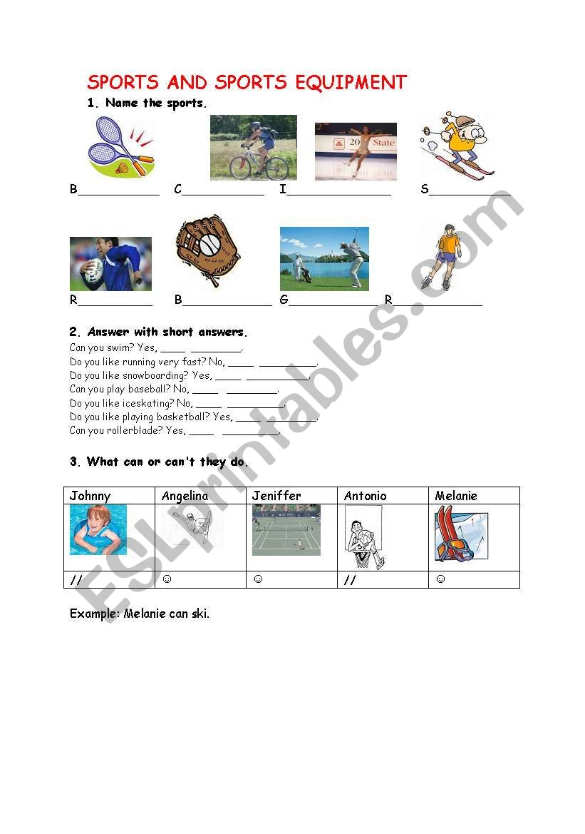 sports and sport equipment worksheet
