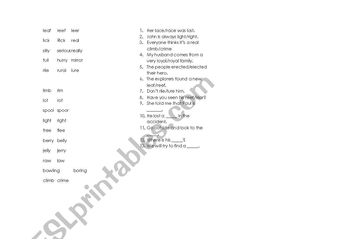 Minimal Pairs L and R worksheet