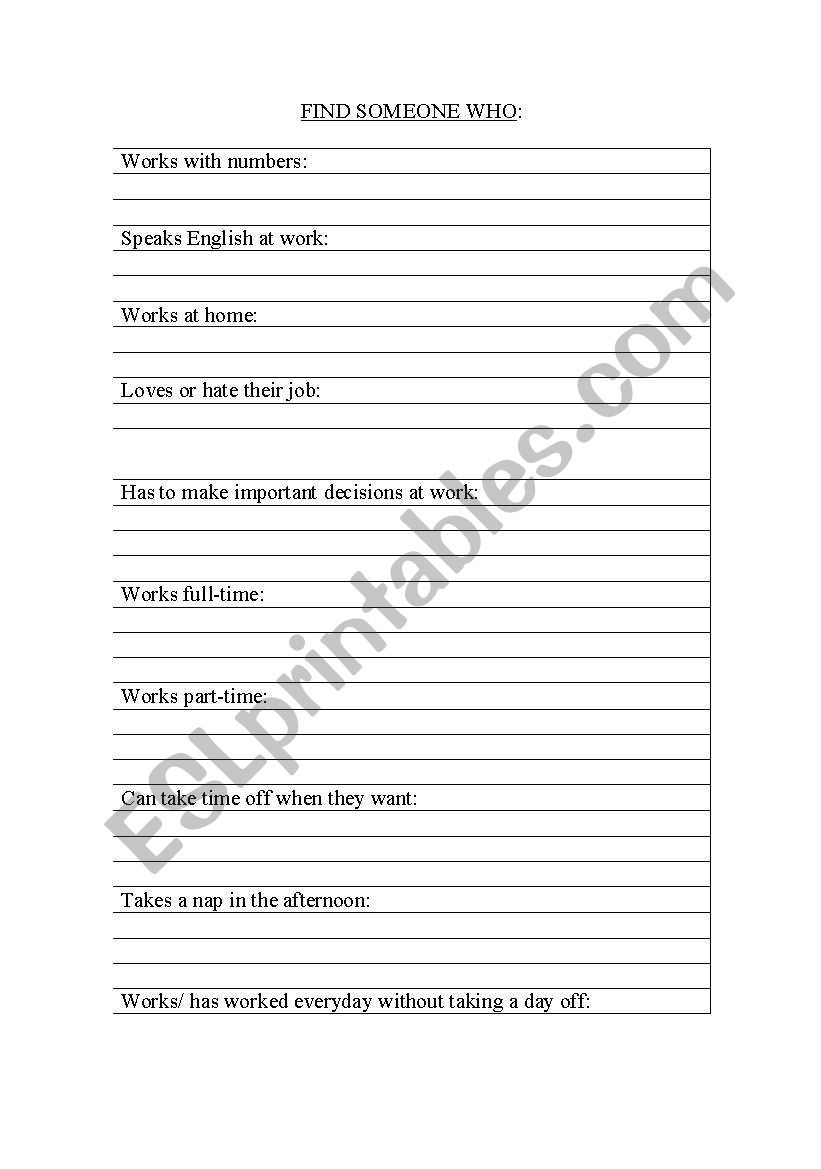 Find Someone Who Jobs worksheet