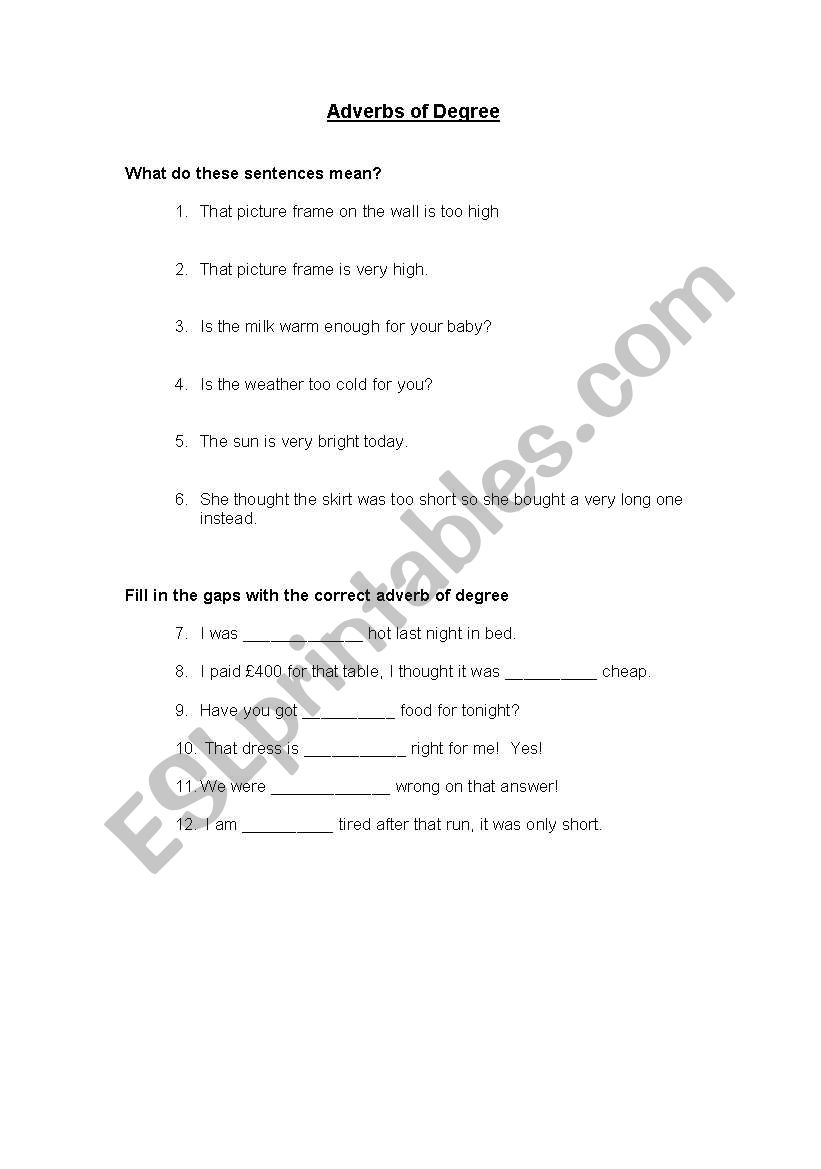 Adverbs of Degree Worksheet worksheet