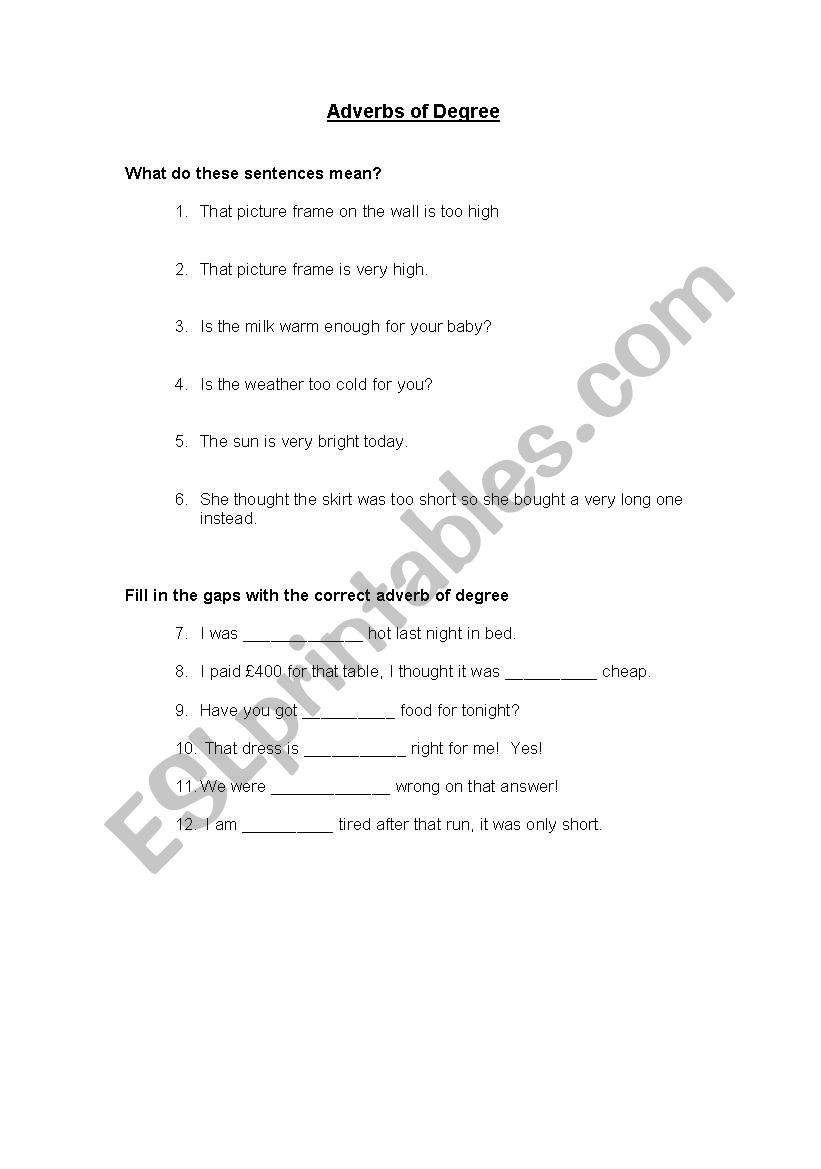 English Worksheets Adverbs Of Degree Worksheet