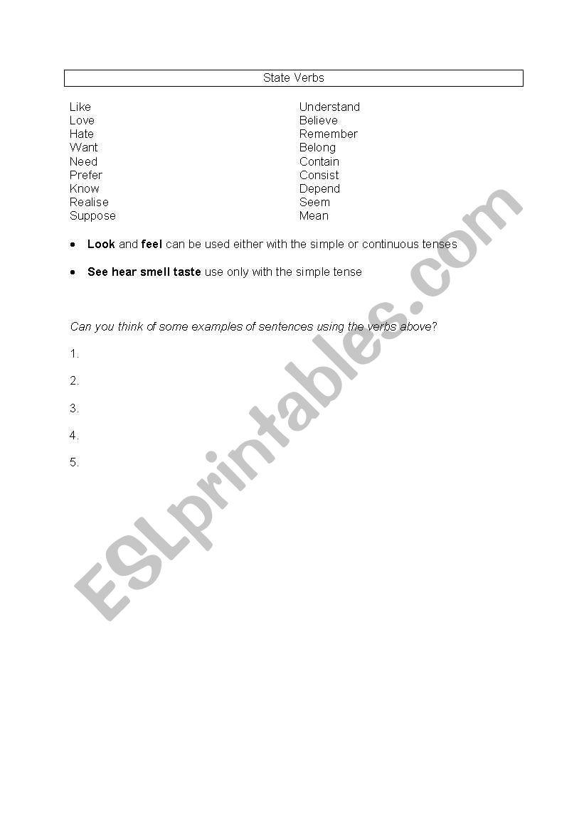 State Verbs worksheet