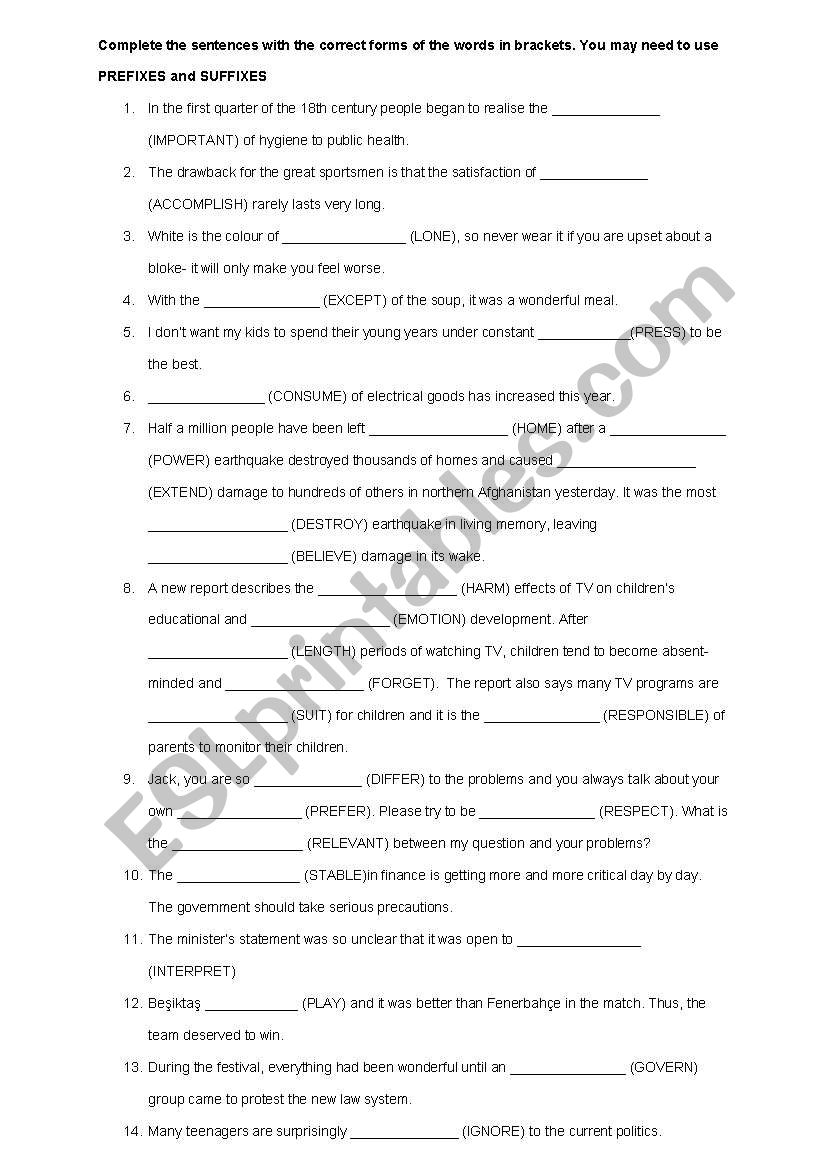 word formation worksheet