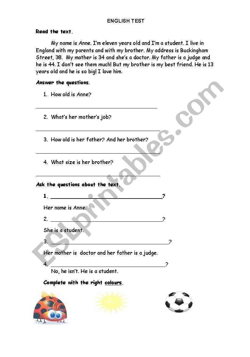 Elementary English test worksheet