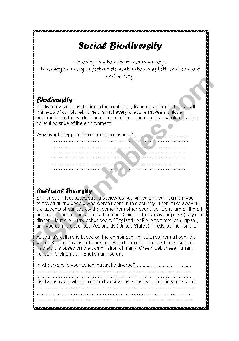 Cultural Biodiversity worksheet
