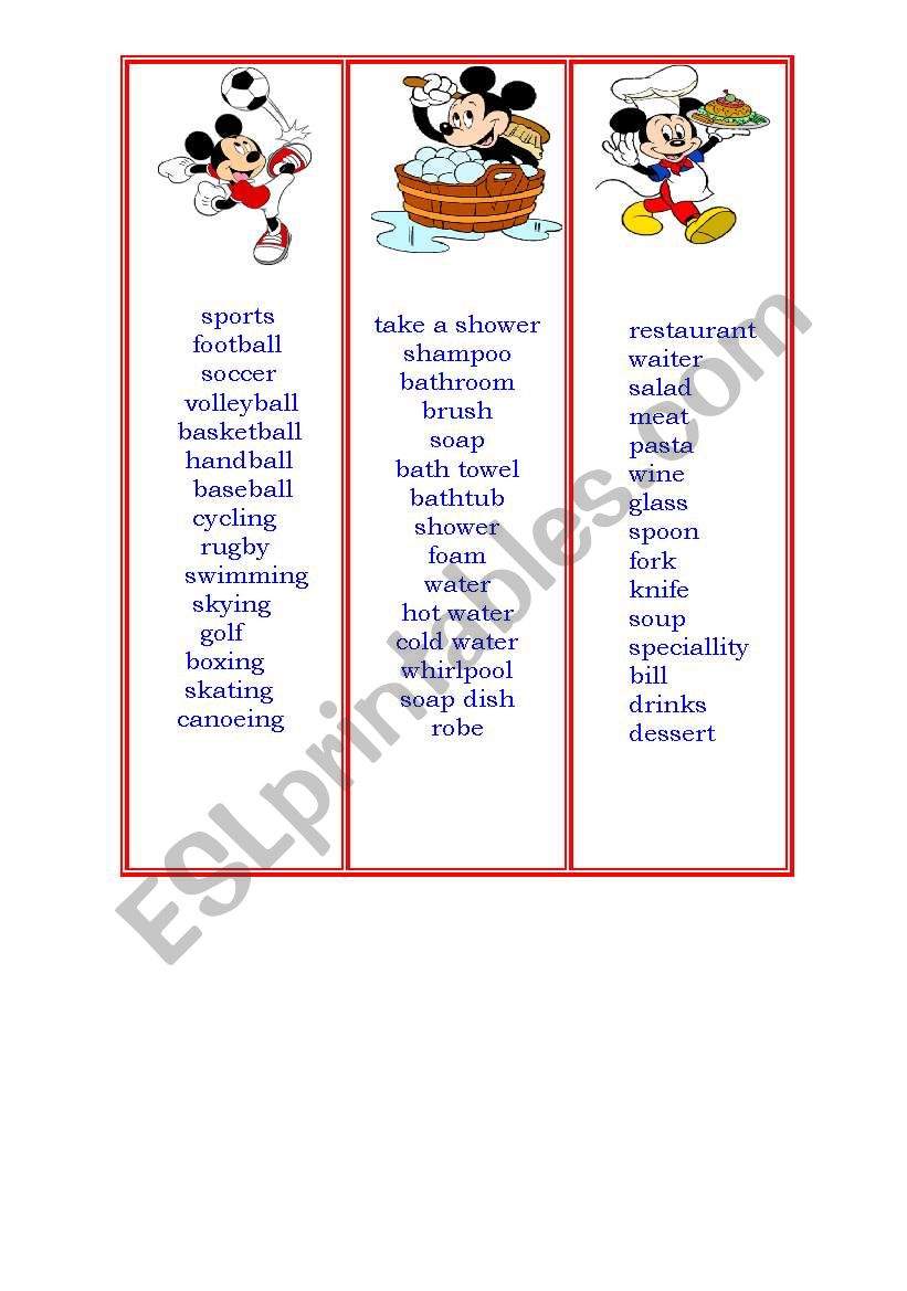 sports shower and restaurant bookmarks