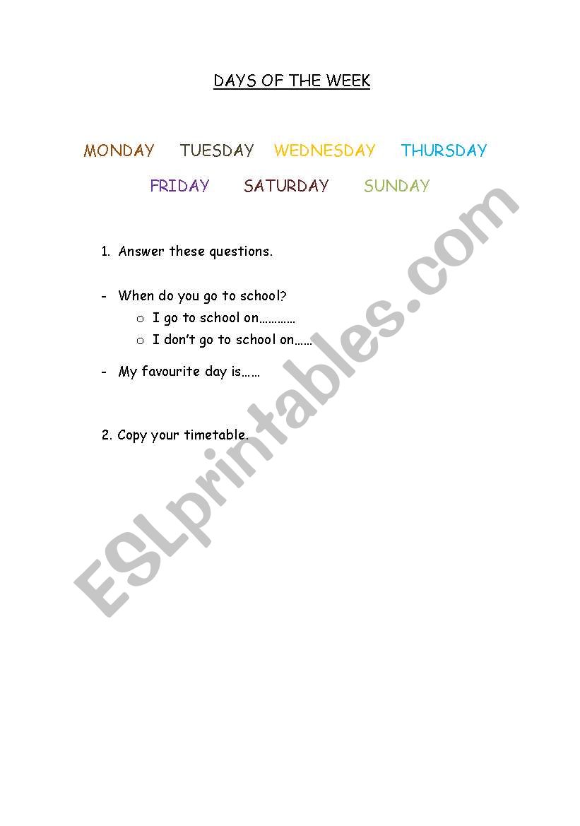 Days of the week worksheet