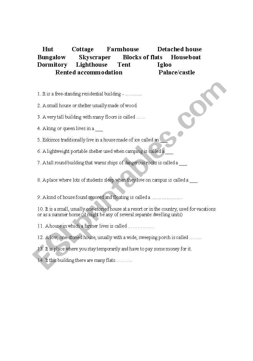 Housing vocabulary worksheet