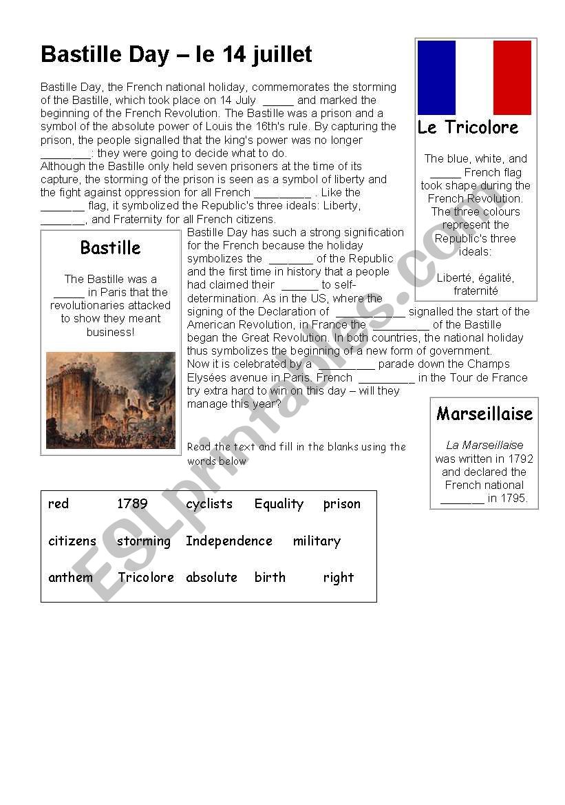 Explanation and gap-fill task about Bastille Day