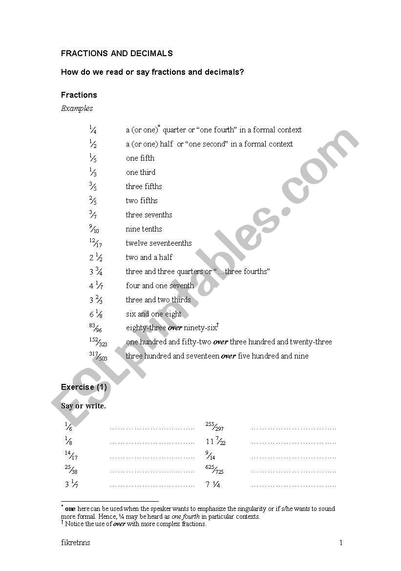 FRACTIONS AND DECIMALS: How do we say or read them? (with exercises and an answer key)