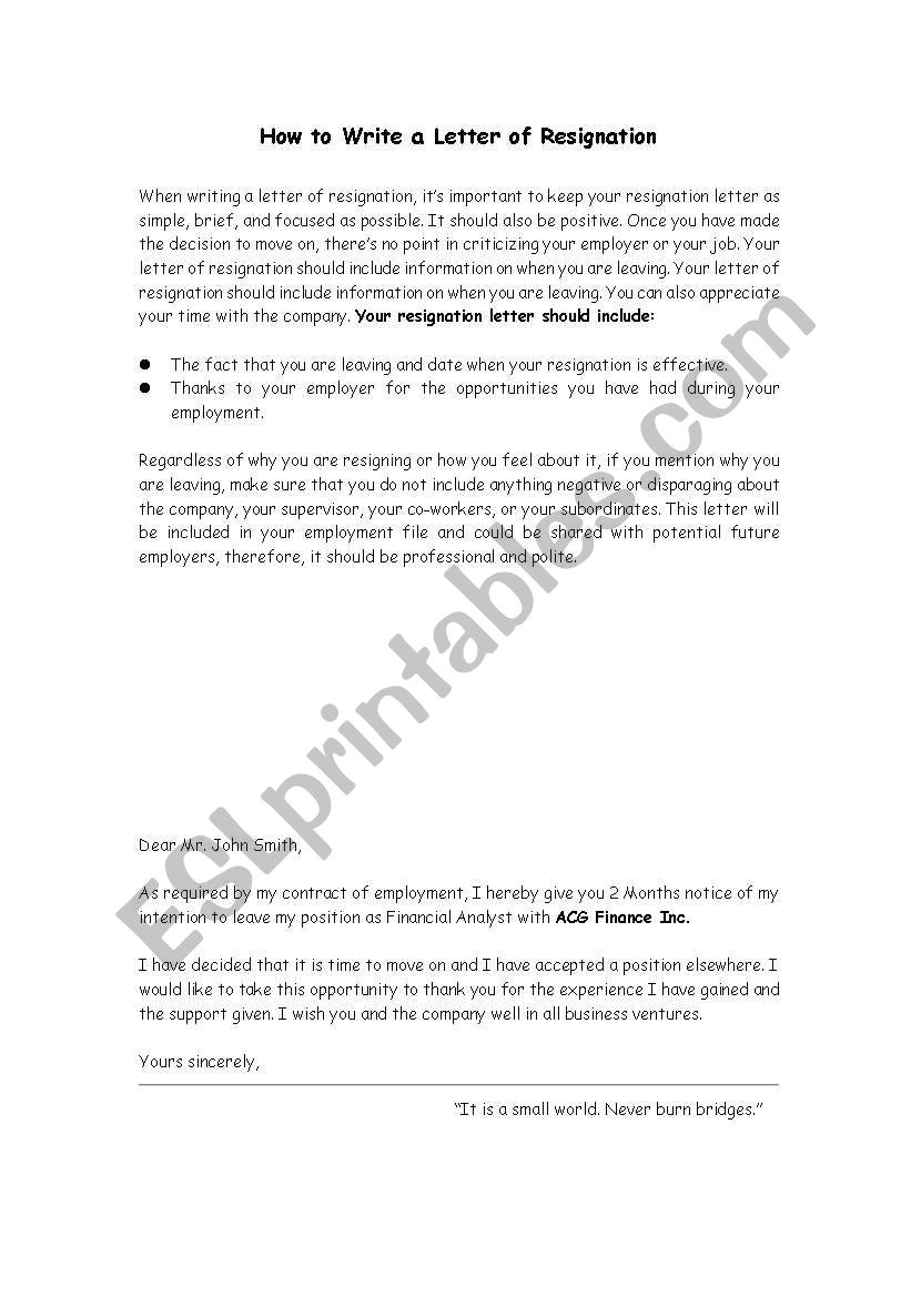 how to write letter of resignation